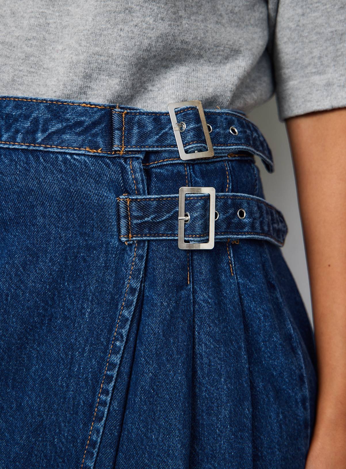 Dark Denim Pleated Tab Detail Midi Kilt Skirt 16 - Image 4